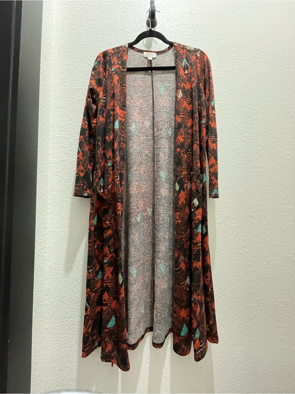 LuLaRoe Brown Orange Cardigan with Teal Geometric Accents